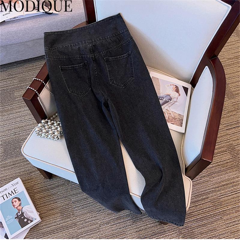 MODIQUE, весенние большие размеры, женские винтажные эластичные прямые джинсы с высокой талией и прямыми пуговицами, длинные джинсы, женские базовые повседневные брюки, брюки