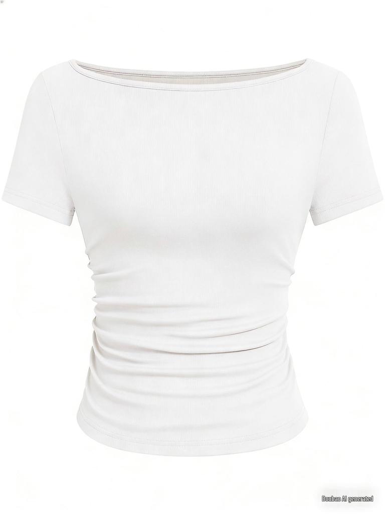 2025 Осень Приталенный женский топ с вырезом лодочкой, рукавами-колокольчиками и сборками - Однотонный, с длинным рукавом