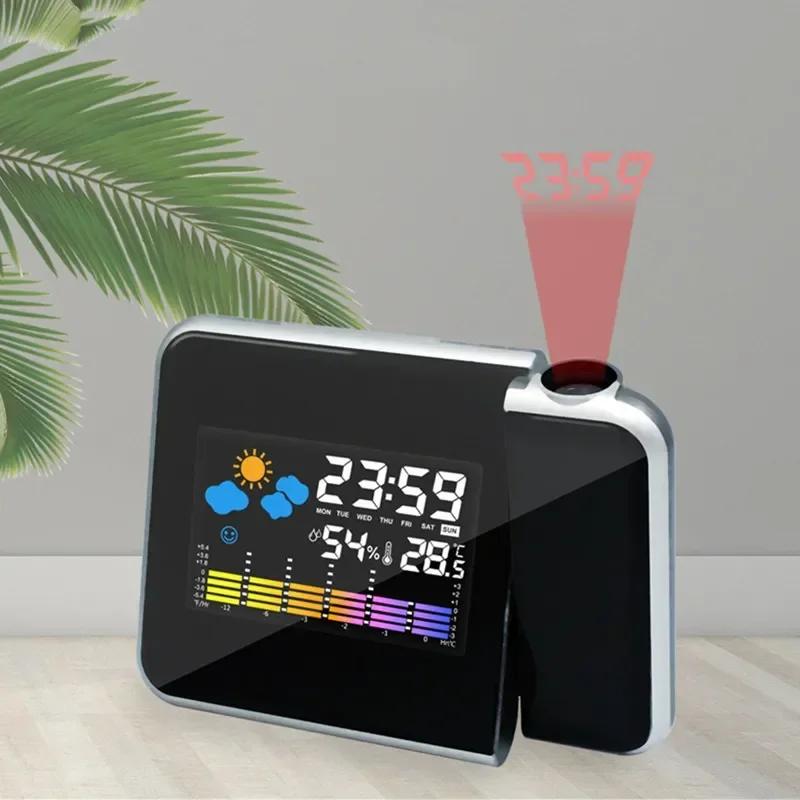 Цветной ЖК-цифровой проекционный будильник с термометром температуры и гигрометром влажности, настольный светодиодный проектор времени с календарем