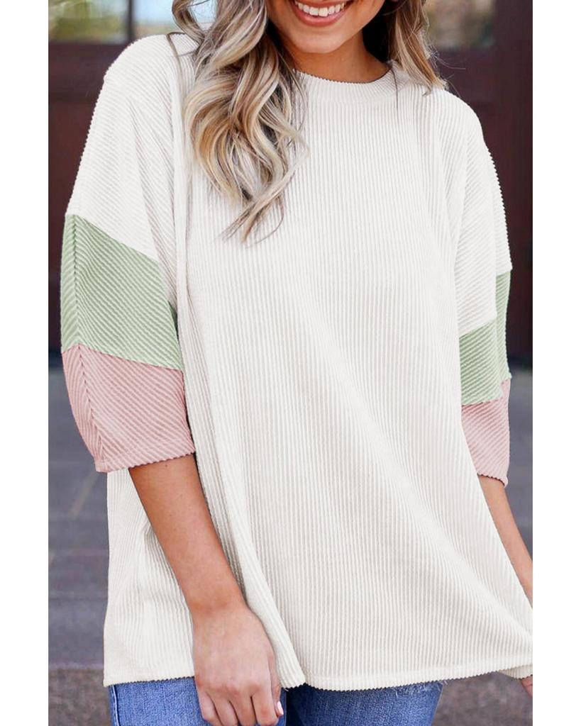 Azura Exchange White Color Block Ribbed Knit Quarter Sleeve Top