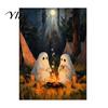 Whimsical Forest Painting Vintage Cute Ghost Canvas Wall Art, Spooky 2 Ghosts Campfire Sophisticated Room Murals Hanging Poster, Gothic Halloween