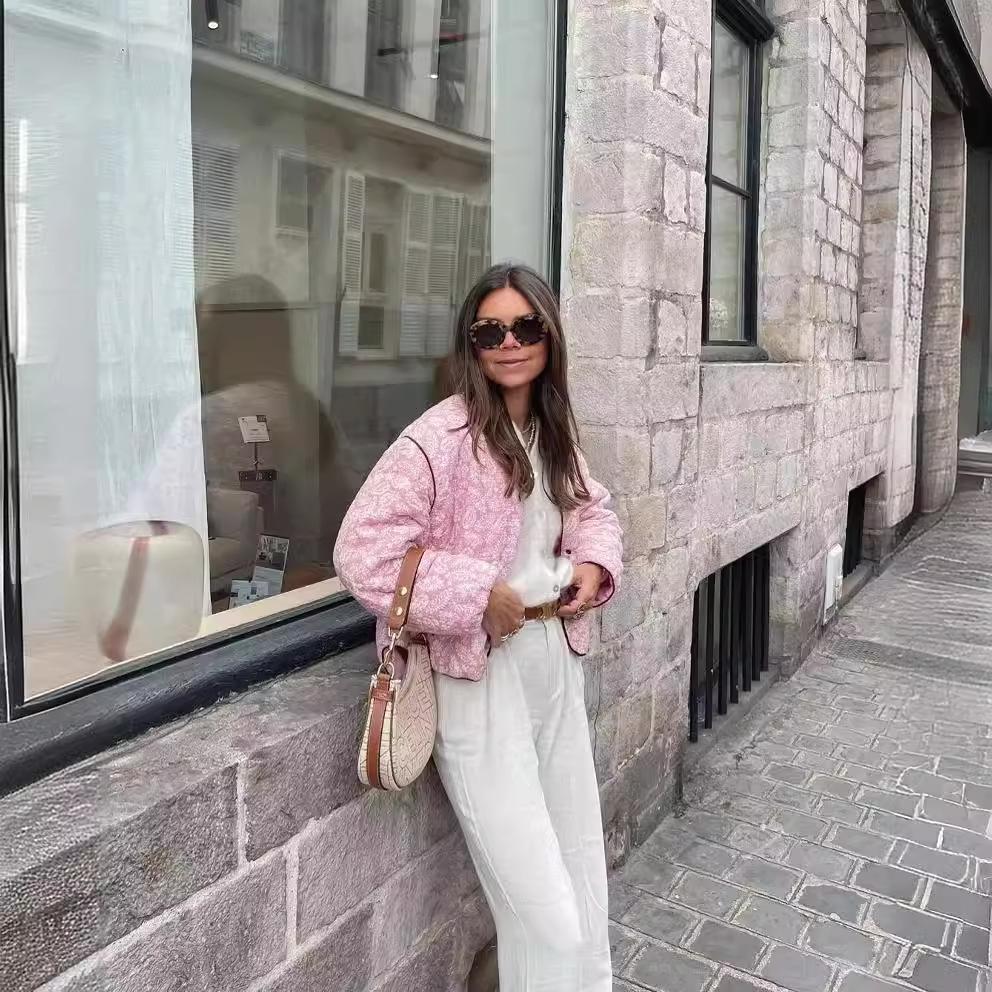 Autumn and Winter Women's Pink Printed Patchwork Jacket Thick Warm Jacket Sweet Pink Printed Cotton Jacket Women's Long Sleeved V-neck Pocket Jacket