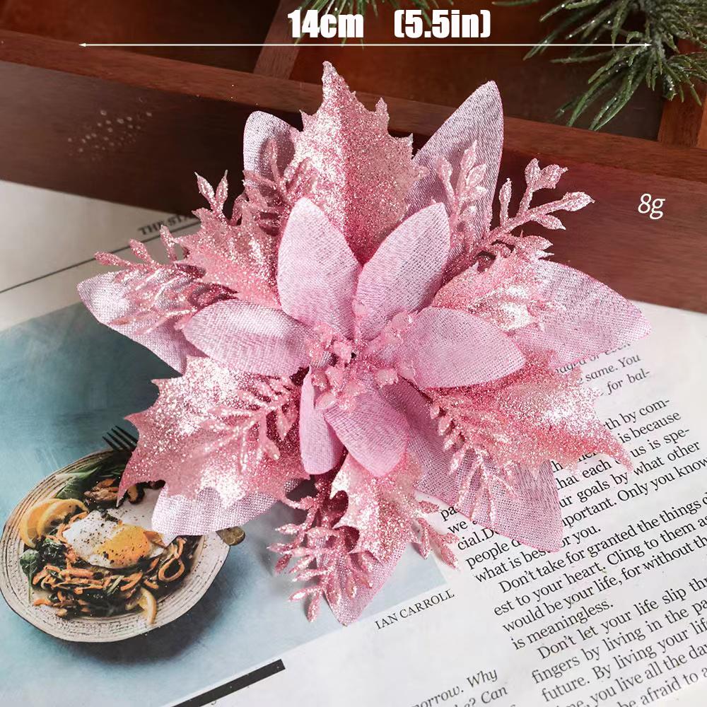 1~20Pcs Glitter Pink Christmas Flowers Xmas Tree 14cm Artifical Flower Ornaments 2025 Christmas Decoration For Home New Year
