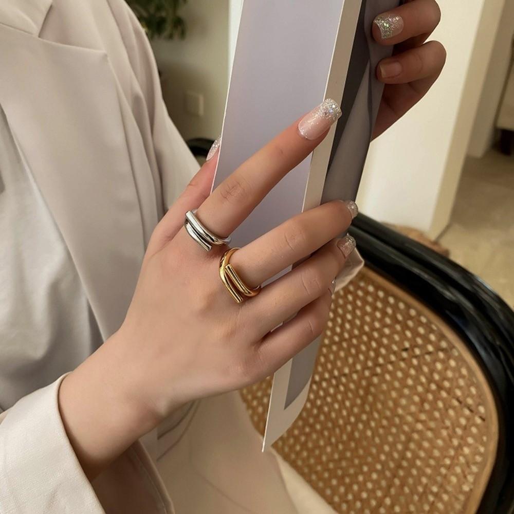 Gold Color Double Layer Rings Metal Line Geometric Ring Exquisite Couple Rings For Men Women