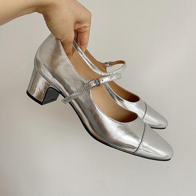 Туфли из овчины серебристо-белой кожи французские одинарные женские новые туфли Мэри Джейн на толстом каблуке маленькие кожаные туфли