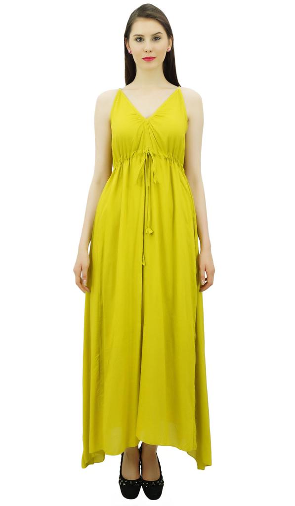 Bimba Women's Long Maxi Cotton Beach Dress Drawstring Waist Strappy Resort