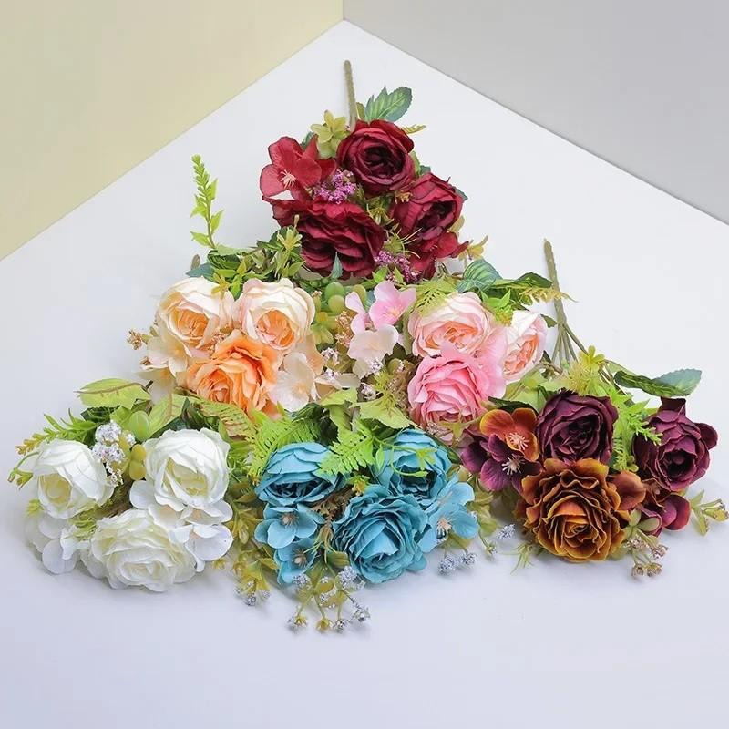 Винтажный европейский букет из искусственных цветов с шелковыми розами и гортензией макрофиллой для свадебного декора и домашнего стайлинга