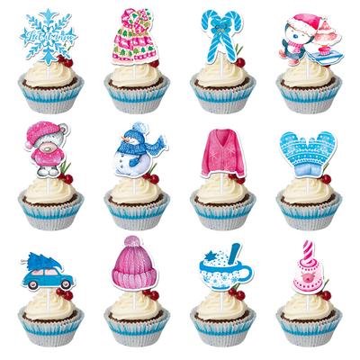 Рождество, Мультяшные узоры льда и снега, Бумага, Флажки для украшения торта, Настольные украшения для вечеринки, Аксессуары для втыкания