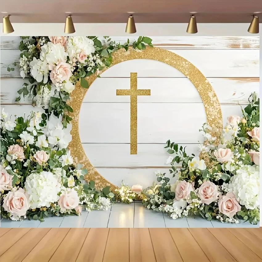 Elegant floral baptism and first communion background - gold ring and cross design with pink roses and green leaves