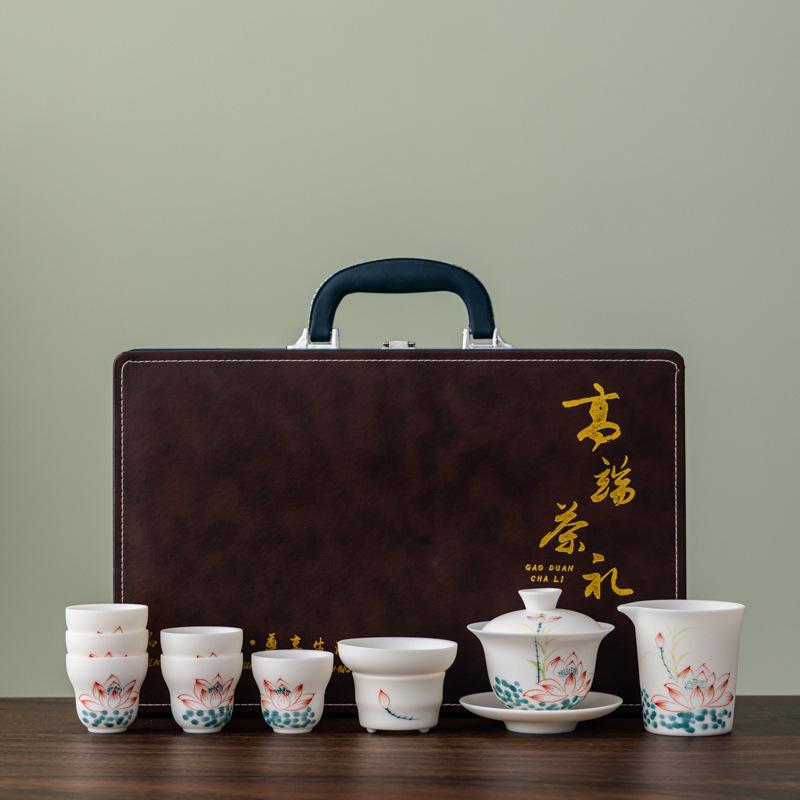 White ceramic hand-painted plain-fired suet jade porcelain tea set business company annual meeting high-end gifts