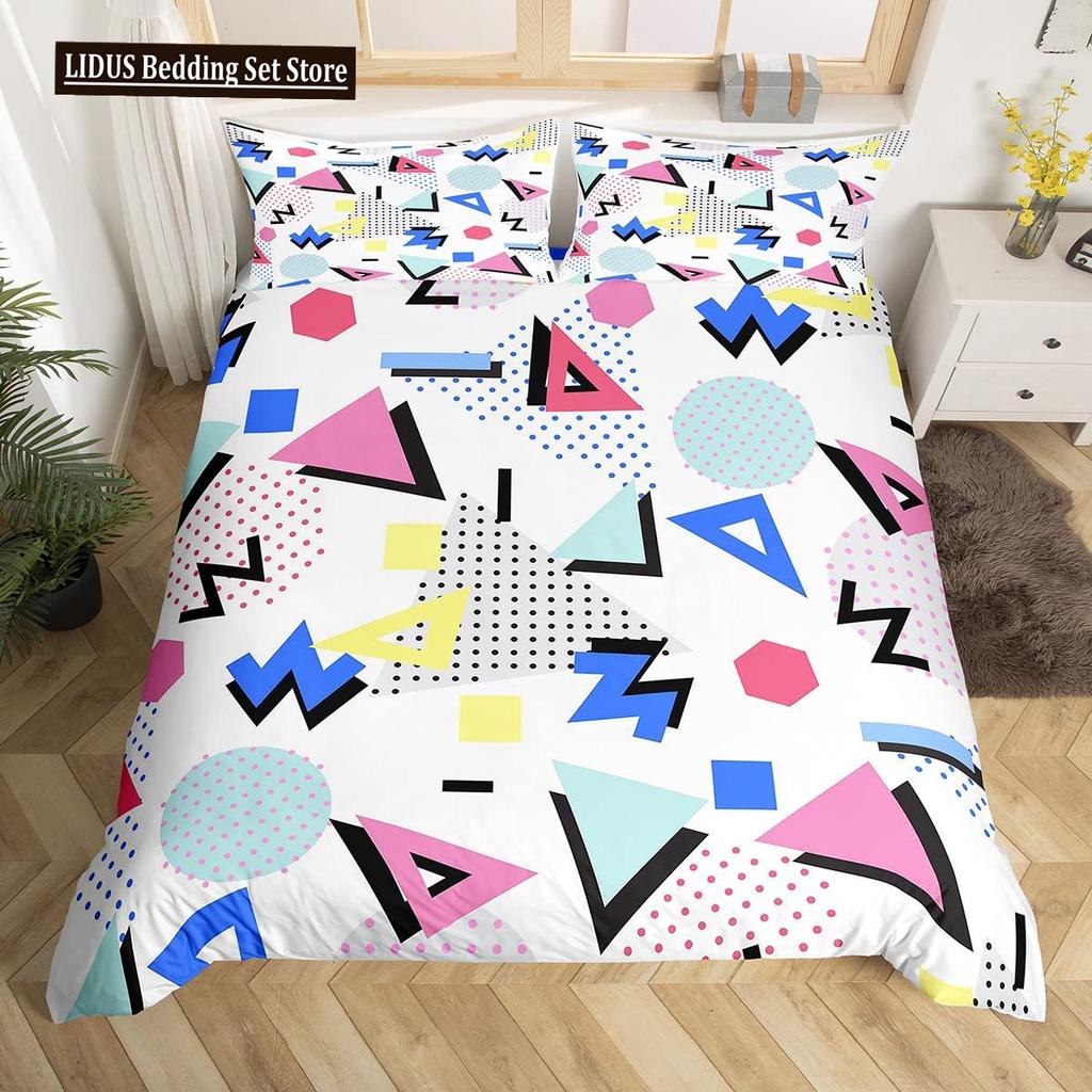 Retro Memphis Style Duvet Cover Set Galaxy Fashion Style Geometric Shapes Bedding Set Full,Hipster Old Fashioned Comforter Cover