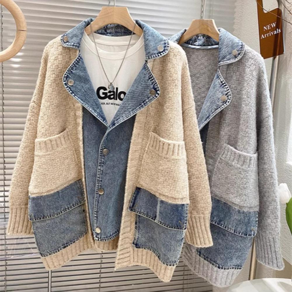 Модный повседневный джинсовый сплайсированный длинный рукав вязаный кардиган свободный толстый женский свитер пальто зима осень новый