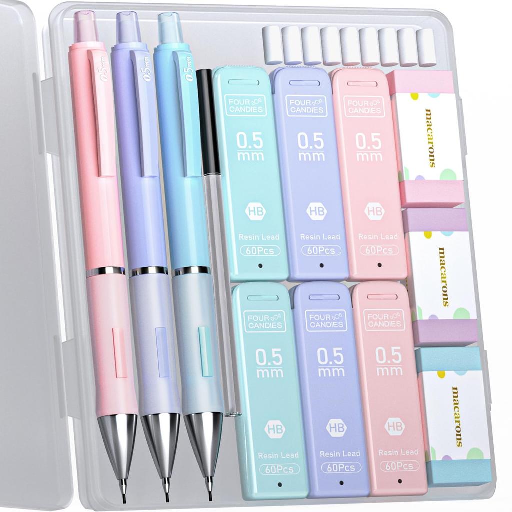 Four Candies Pastel Mechanical Pencil Set Cute 3 Includes 360 HB Lead Refills and Perfect for Drawing Easy to Write Suitable for Middle School