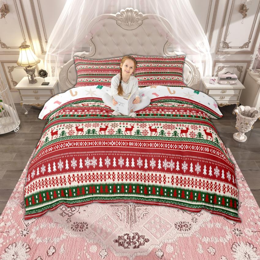 Homewish Merry Xmas Duvet Cover Set for Boys Girls, Christmas Tree Deer Bedding, Kawaii Snowman Santa Claus Quilt Cover Set