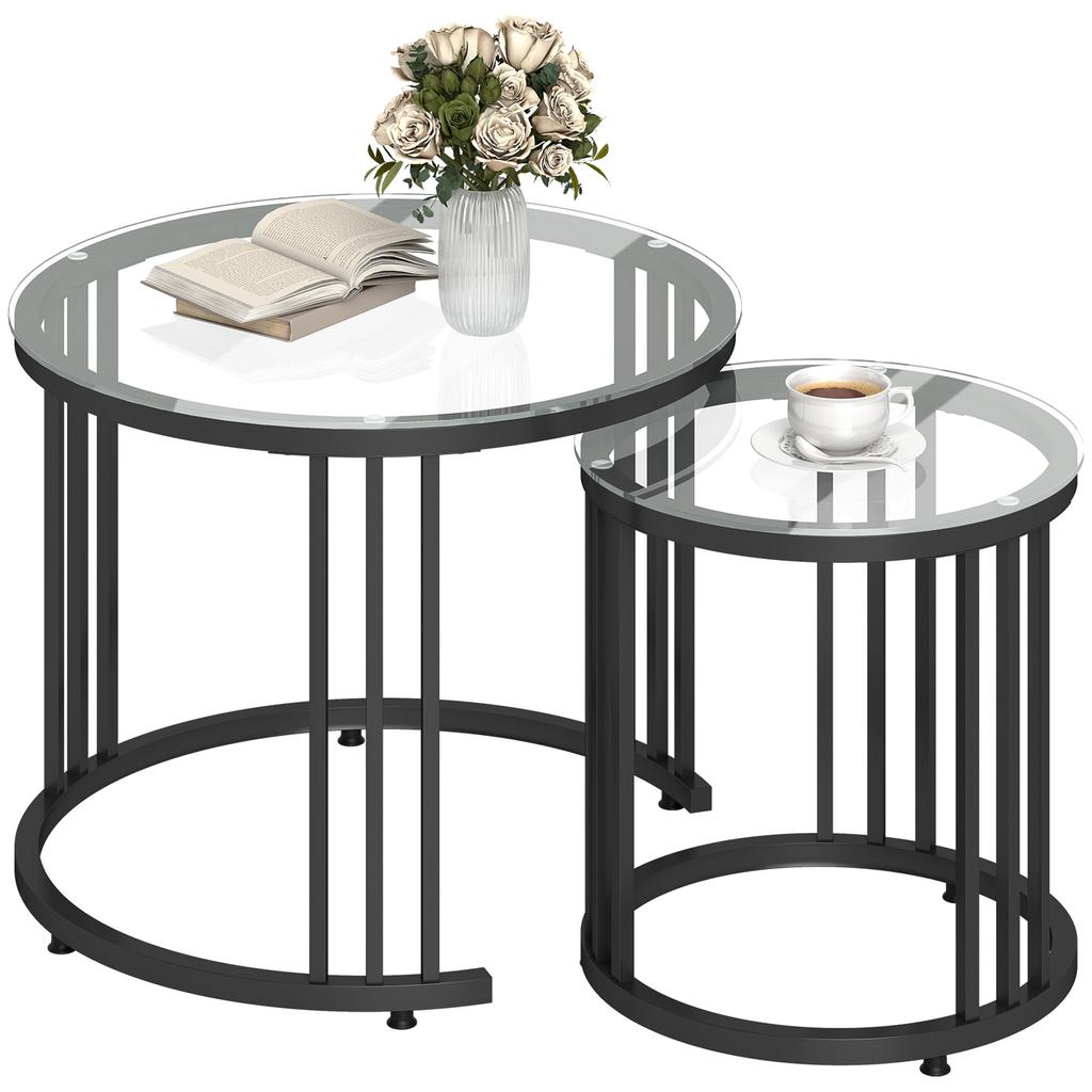Round Coffee Tables Set of 2, Nesting Tables with Tempered Glass Top and Steel Frame, Black