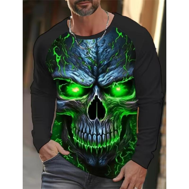 Men's Long-sleeved T-shirt 3D Printed High-definition Skull Stitching Printing Men's Autumn Tops Casual Round Neck Home Clothes