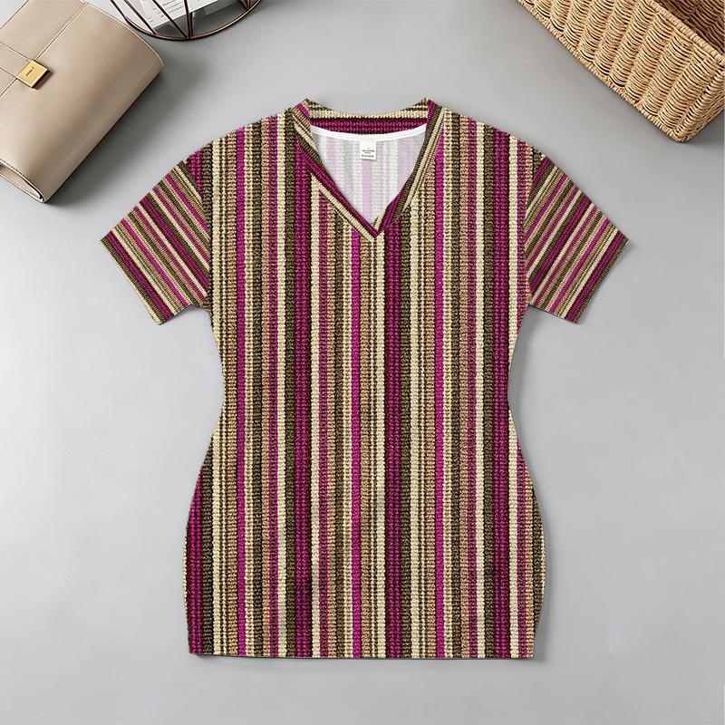 Women's V-Neck Striped Short Sleeve Bodycon Skirt: Ins Style Slim Fit, Comfortable Fabric for Beach Casual, Vacation Outfits.