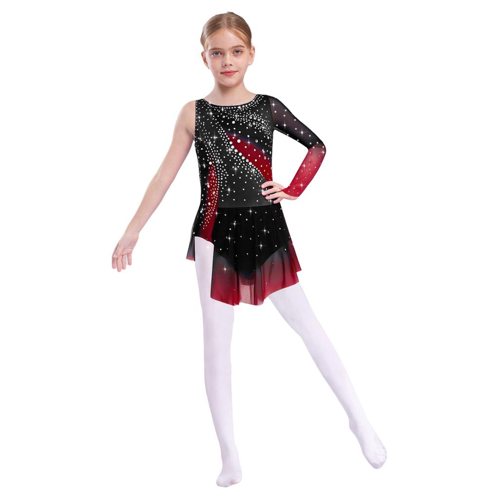 Girls Lyrical Dance Dress Round Neck Asymmetrical Split Shiny Rhinestones Contrast Color Figure Skating Gymnastics Gown