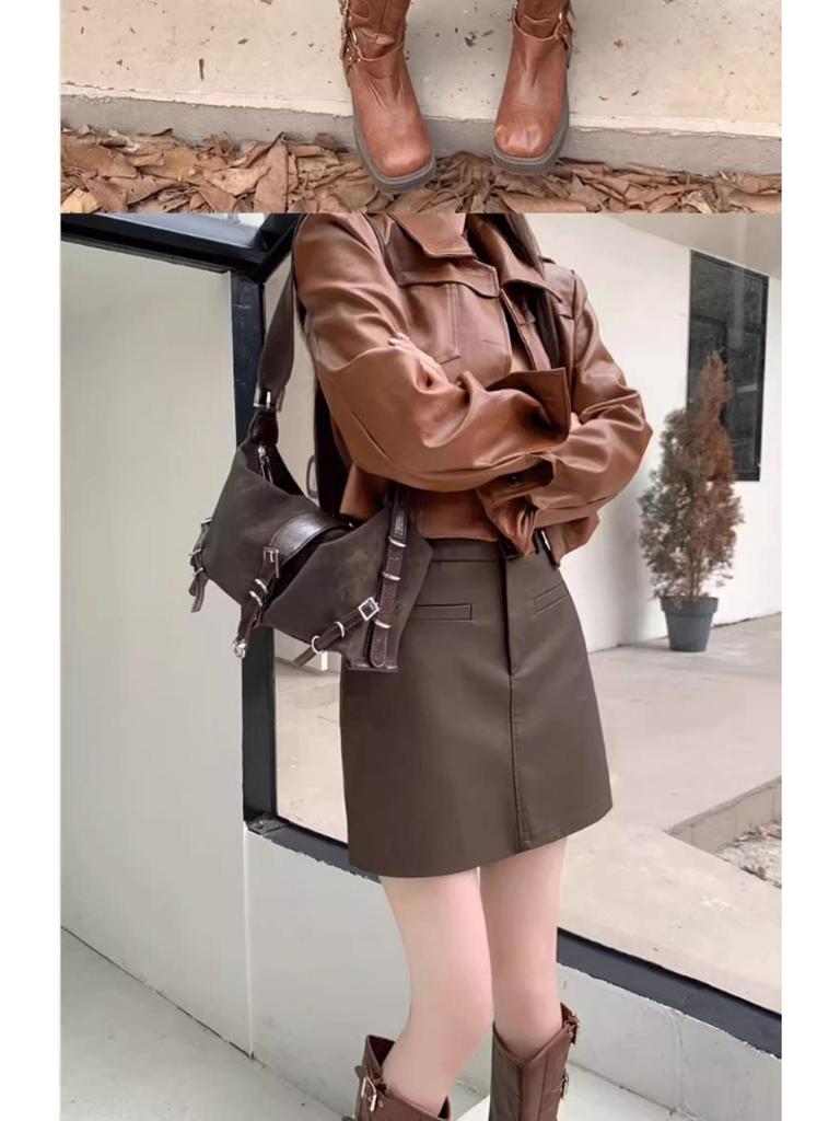 Women's Coffee Color PU Leather High-Waist Slimming A-Line Midi Skirt - Plus Size Petite Autumn/Winter Bodycon Style
