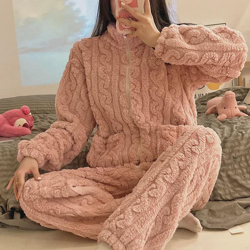 Женский фланелевый пижамный комплект на молнии — высокий воротник, плотный теплый флисовый костюм кораллового цвета для осени и зимы.