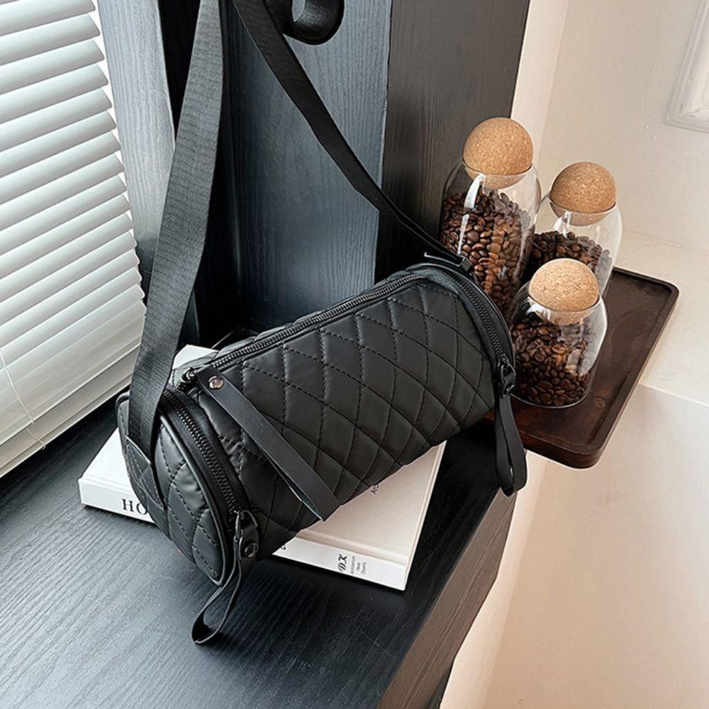 Zipper Lingge Cylinder Bag Round Bucket Bag Casual Pillow Bag Lady