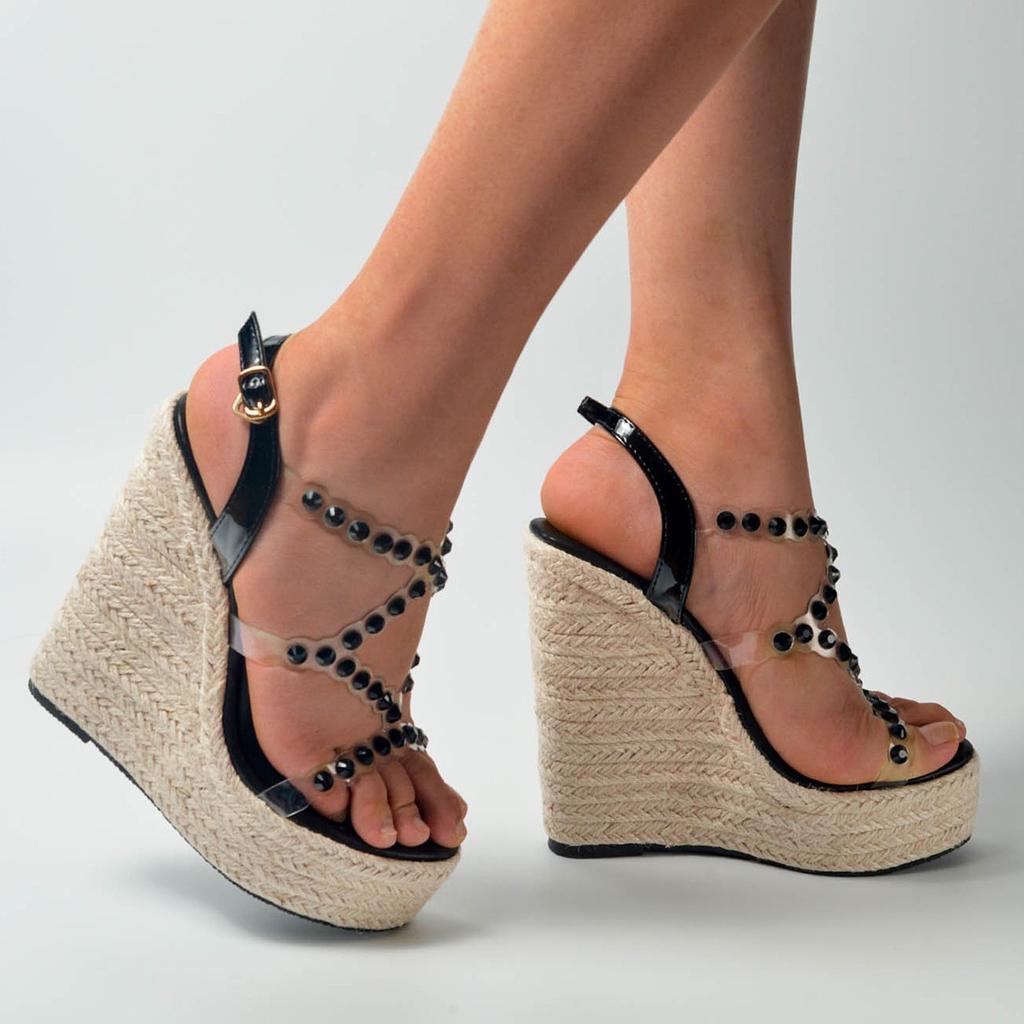 Женская обувь, тканые повседневные элегантные соломенные босоножки на танкетке со стразами, серия 10363, каблук 15 см, платформа 5 см, LFD