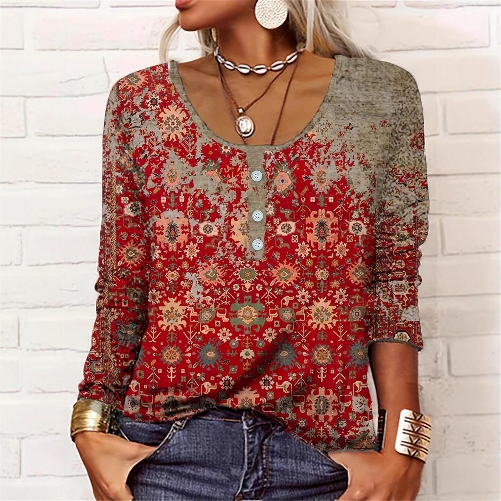 2025 Женская футболка с V-образным вырезом, этническим принтом, на пуговицах, большого размера, повседневная