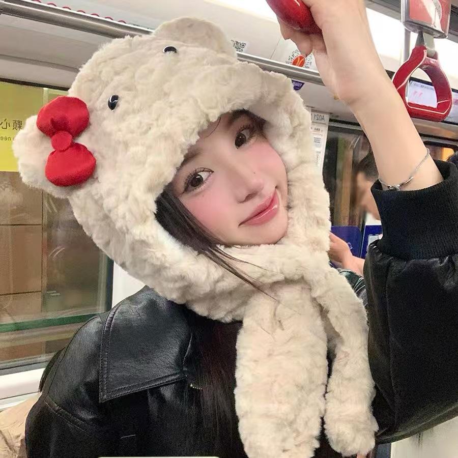 Cartoon Bear Plush Hat Autumn and Winter Scarf Hat Integrated Thickened Windproof Warm Scarf