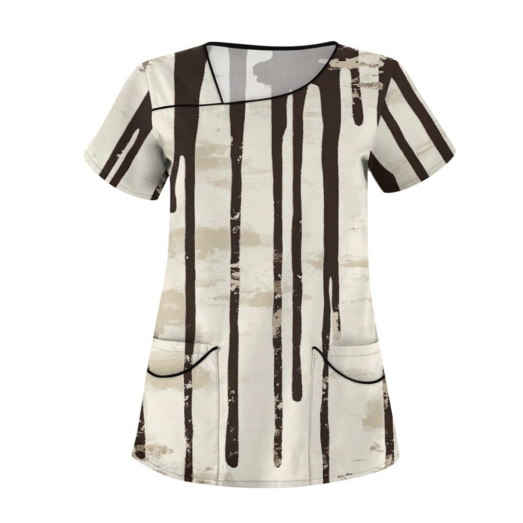 Women's Casual  Print Short Sleeve Sloping Collar Workwear Top With Double Pockets