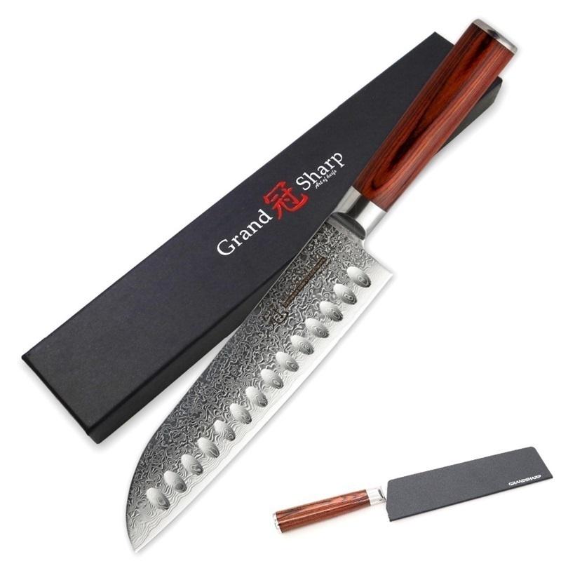 7-дюймовый нож Santoku из дамасской стали VG10, японский кухонный нож, кухонные принадлежности, деревянная ручка Pakka