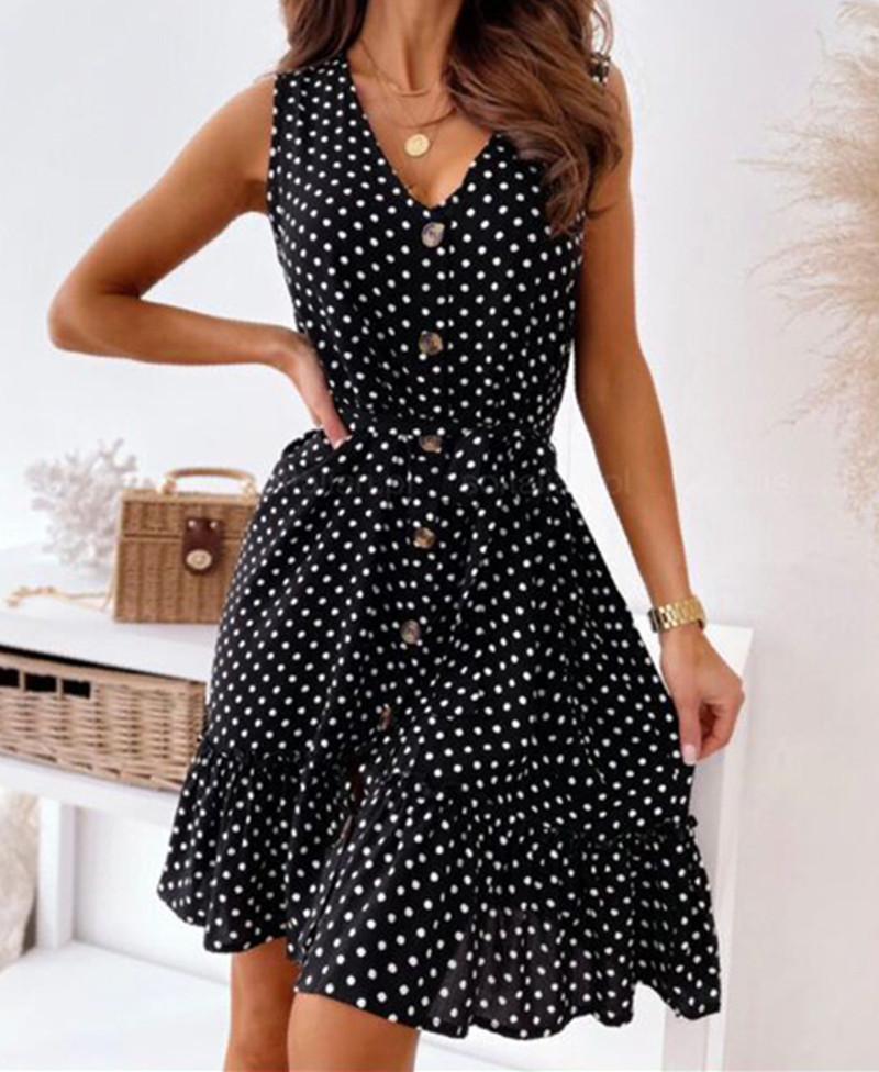 Женское платье миди в европейском и американском стиле 2022 года с V-образным вырезом на шнуровке и узором в горошек.
