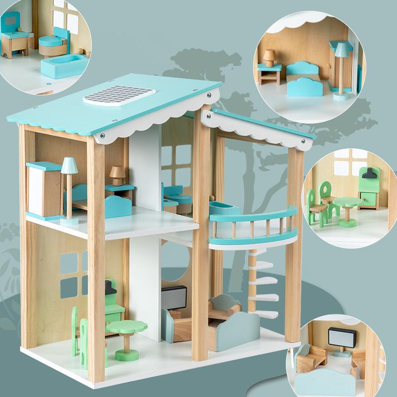 Голубой Деревянный Кукольный Домик: Детская интерактивная игровая вилла с мебелью для детской комнаты