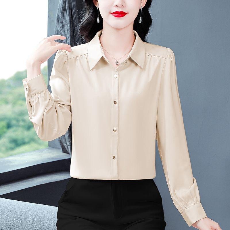 Women's Long Sleeve Shirt Spring and Autumn Shirt Elegant Solid Color Loose Base Shirt