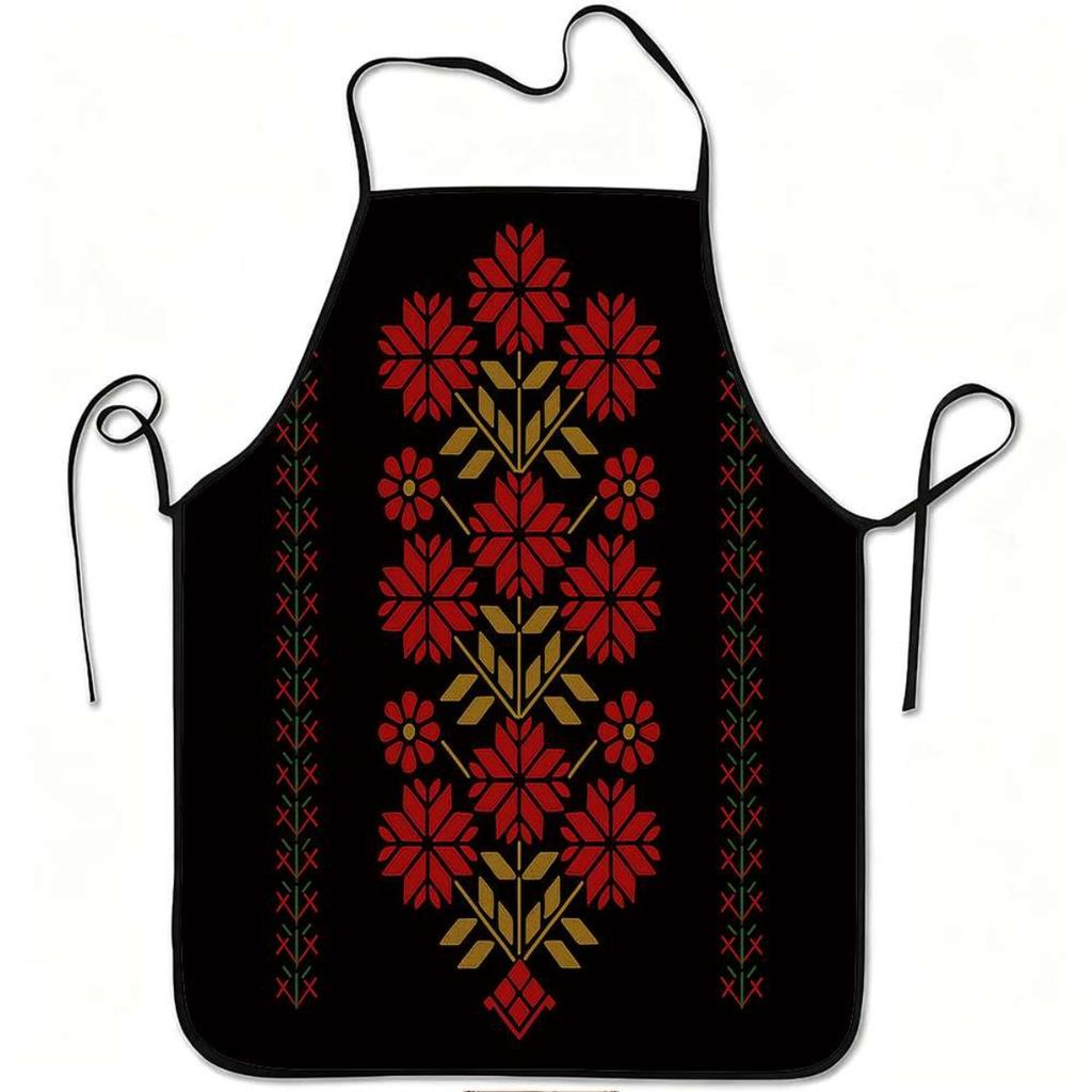 1pc Red Floral Geometric Folk Art Design Apron, Made of Durable And Easy-To-Clean, with Adjustable Waist Tie, Suitable for Kitchen Cooking, Gardening,