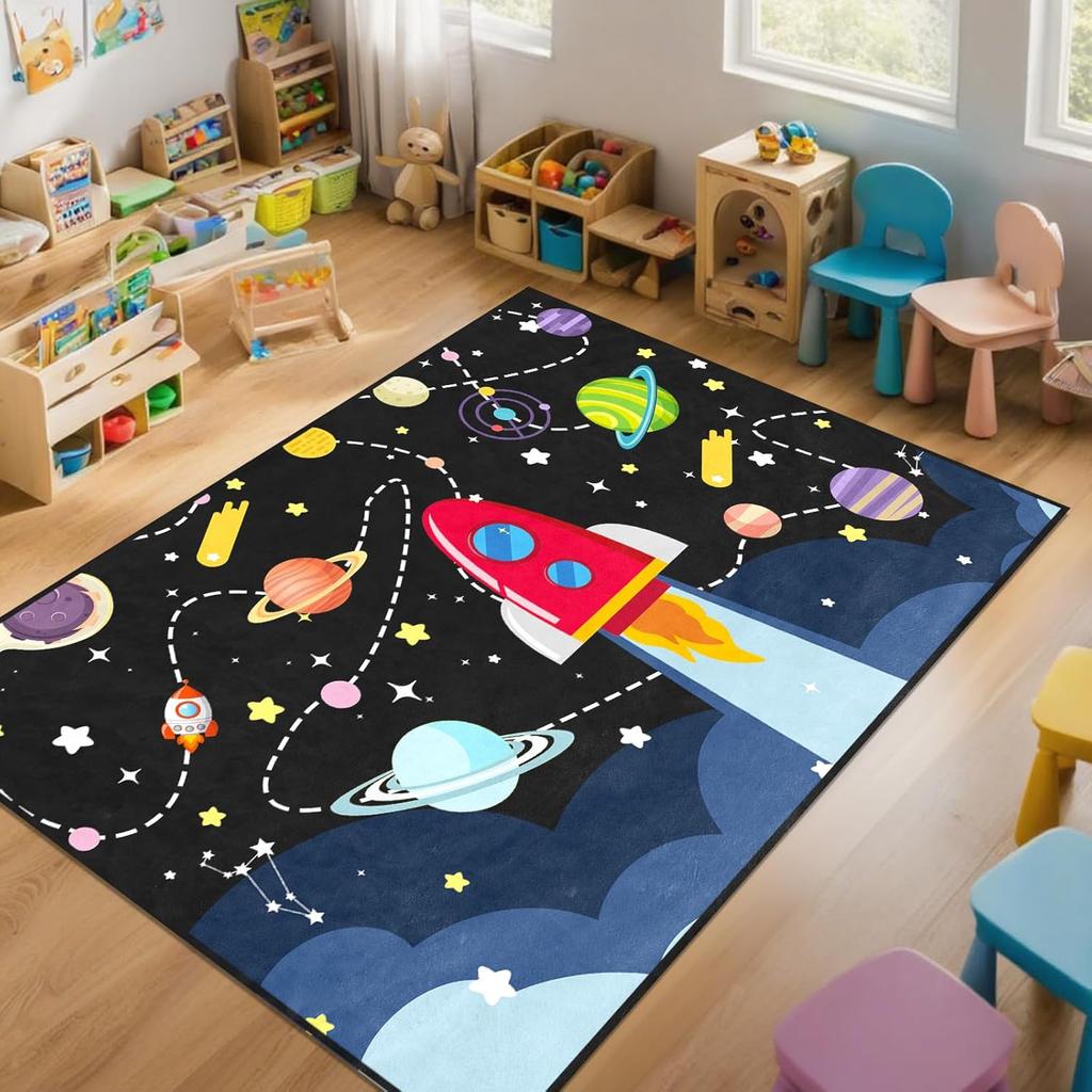 Space Rug - Space Rug for Boys Room Cartoon Solar System Carpet Educational Learning Carpet for Playroom Planet Themed Mat