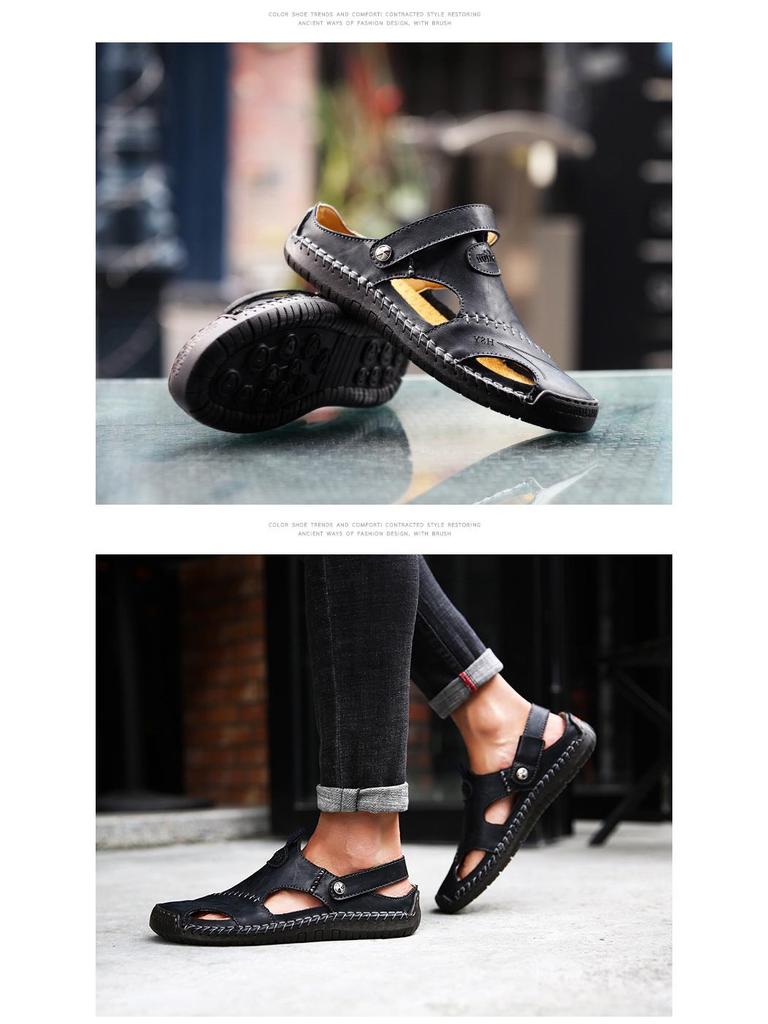 Мужские кожаные пляжные сандалии большого размера — модная летняя обувь с декоративными швами, идеально подходящая для повседневной носки на пляже или в городе.