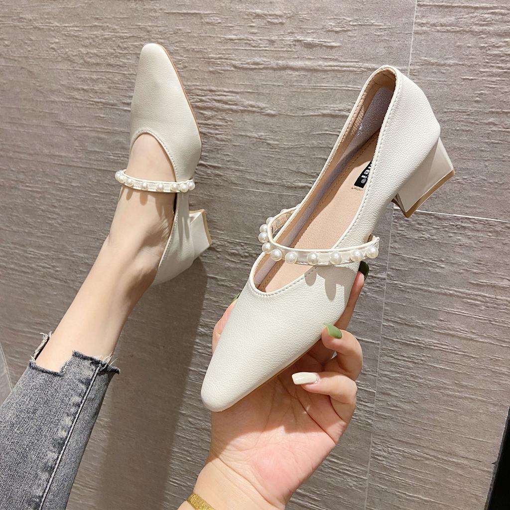Real Leather Mary Jane Shoes Fairy Style Pearl Square Toe Single Shoes Chunky Heel French Retro Fashion Women's Shoes