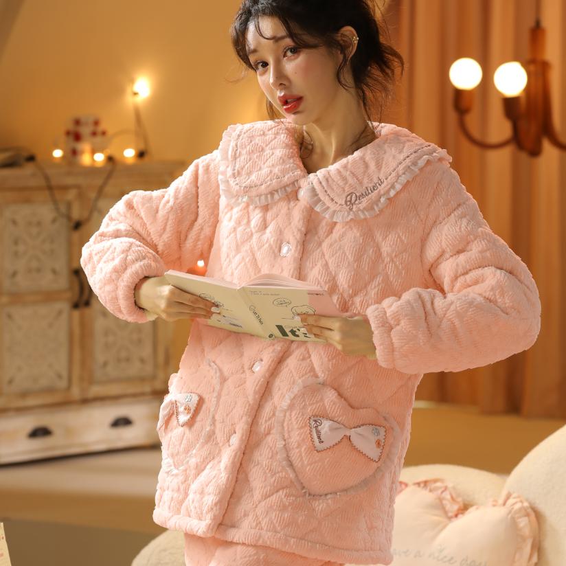 Коралловая бархатная пижама женская зимняя трикотажная стеганая куртка из толстой фланели корейский кашемировый женский комплект домашней одежды можно носить на улице