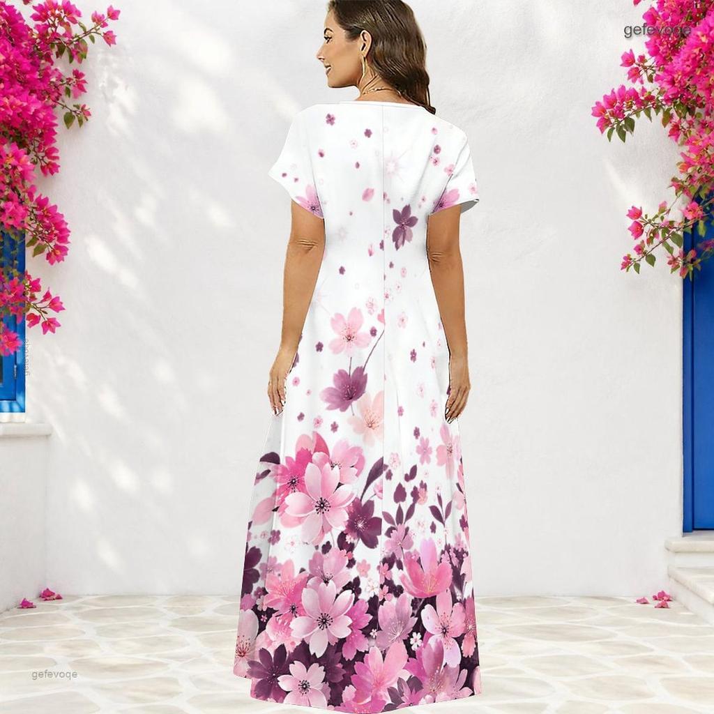 Women Plus Size V Neck Short Sleeve Pink Floral Printed Long Straight Dress