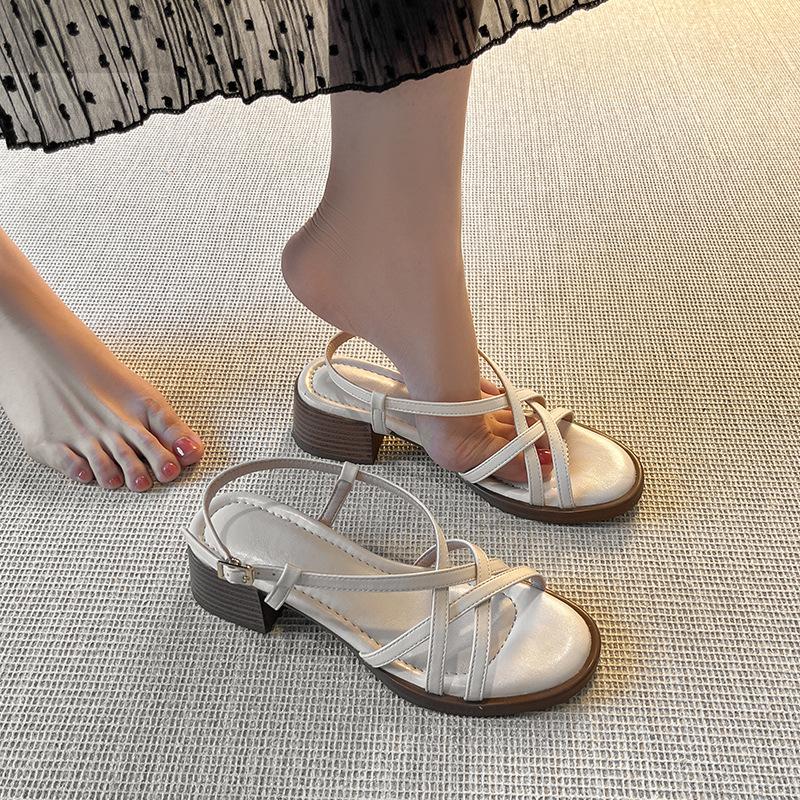 Spot~~ Stepping on shit thick heel thin strap Roman sandals women's summer new wear retro middle heel cross with slippers