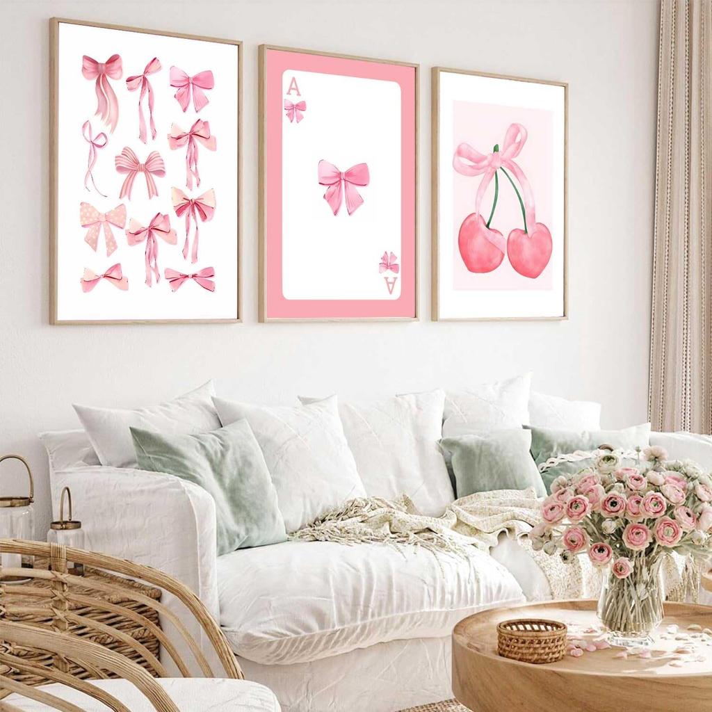 3Pcs Trendy Pink Bows Wall Art Preppy Watercolor Bows Canvas Posters Prints Girly Aesthetic Wall Decor Pictures for College Apartment Bedroom