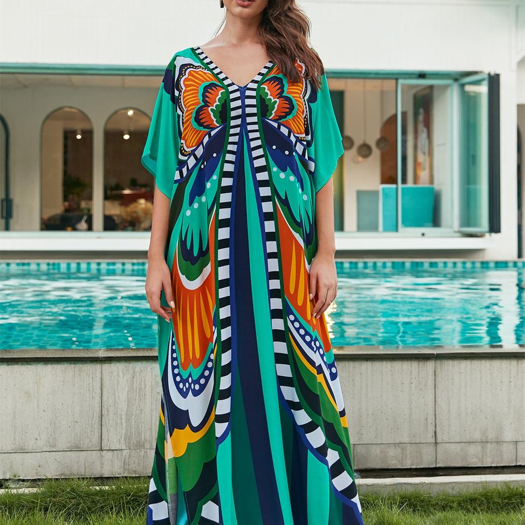 YYFS Women's Fashion Vacation Summer Spring Butterfly Print 1/2 Sleeves V-Neck Casual Dresses