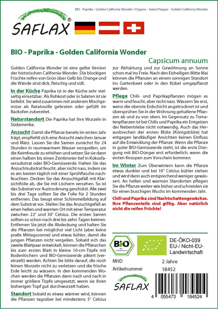 SAFLAX Garden in the Bag - Органический - Перец сладкий - Golden California Wonder - 20 семян - С субстратом в подходящем пакете - Capsicum annuum