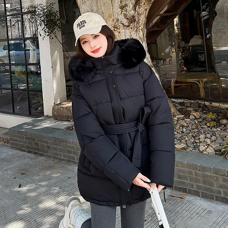 Большая меховая воротниковая куртка из хлопка с поясом для женщин Зимнее приталенное толстое милое пальто