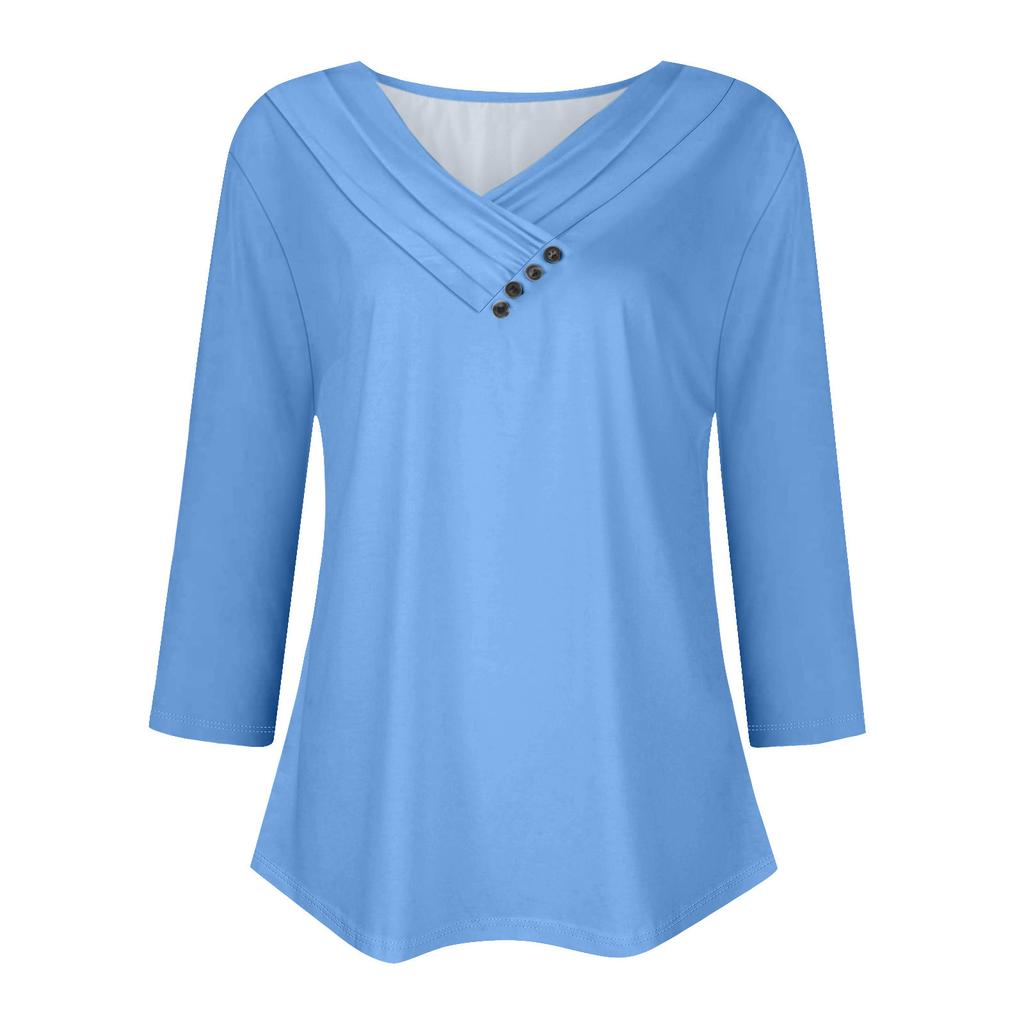 Womens 3/4 Sleeve Daily Weekend V Neck Casual Printed Tshirts Loose Fit Pleated Tees Button Down Shirts