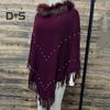 Women Fall Winter Cloak Tassel Bead Decor Faux Fur Decor Triangle Shape Solid Color Knitted Keep Warm Elastic Poncho Shrug Bohemian Style Cable Wrap