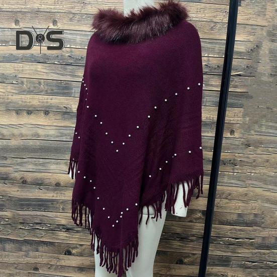Women Fall Winter Cloak Tassel Bead Decor Faux Fur Decor Triangle Shape Solid Color Knitted Keep Warm Elastic Poncho Shrug Bohemian Style Cable Wrap