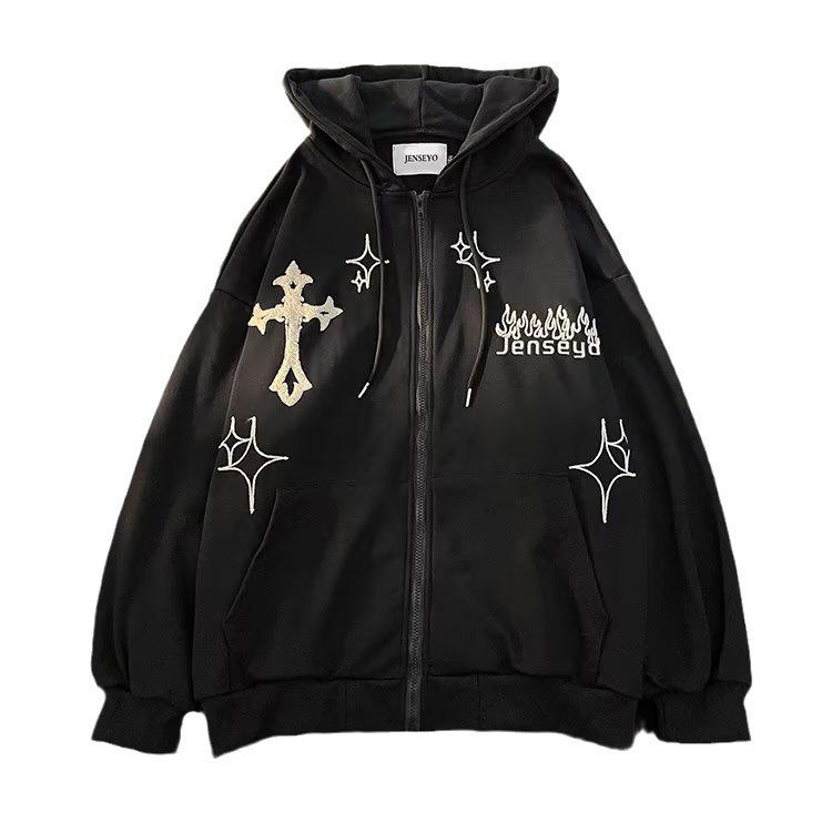 Мужской кардиган-толстовка на молнии с капюшоном, вышивкой креста и пламени, с флисовой подкладкой, модный свободный крой для пар, идеально подходит для весны и осени.