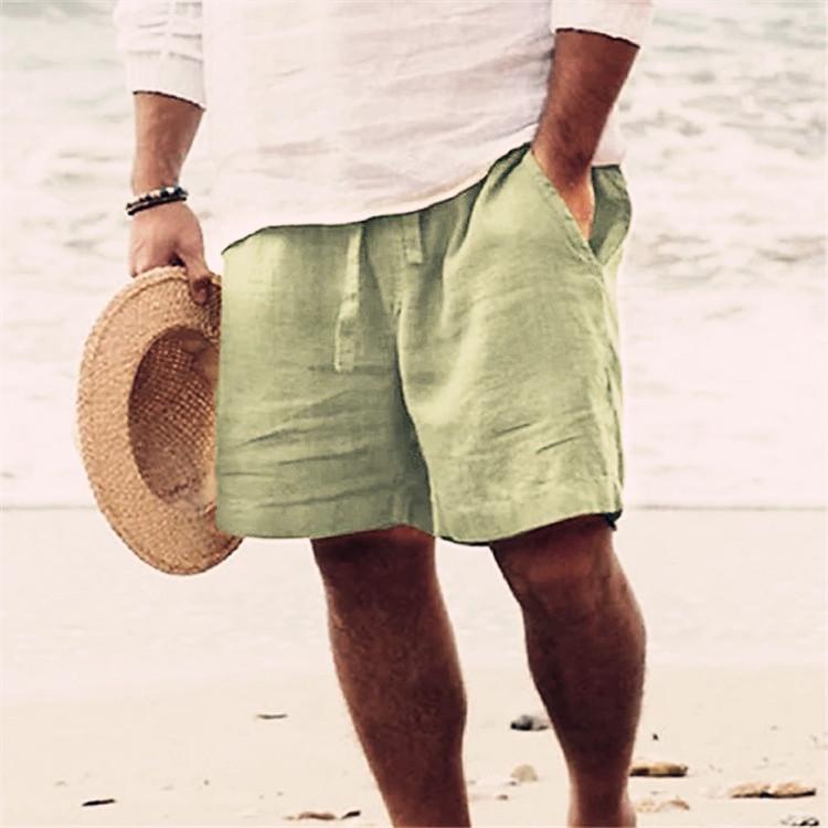 Men's 2025 Summer Cotton Linen Shorts - Elastic Waist, Straight Leg, Breathable Solid Color Casual Beach Mid-Length