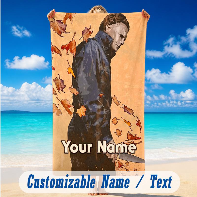 Beach Towel Custom Name Text, Quick Dry Large Towel For Beach HomeHalloween Michael Myers